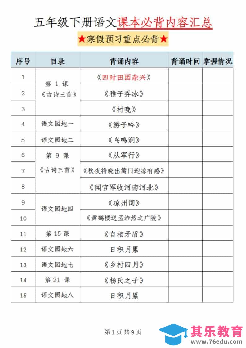 图片[1]-五年级(下）语文课本必背内容汇总-985文库