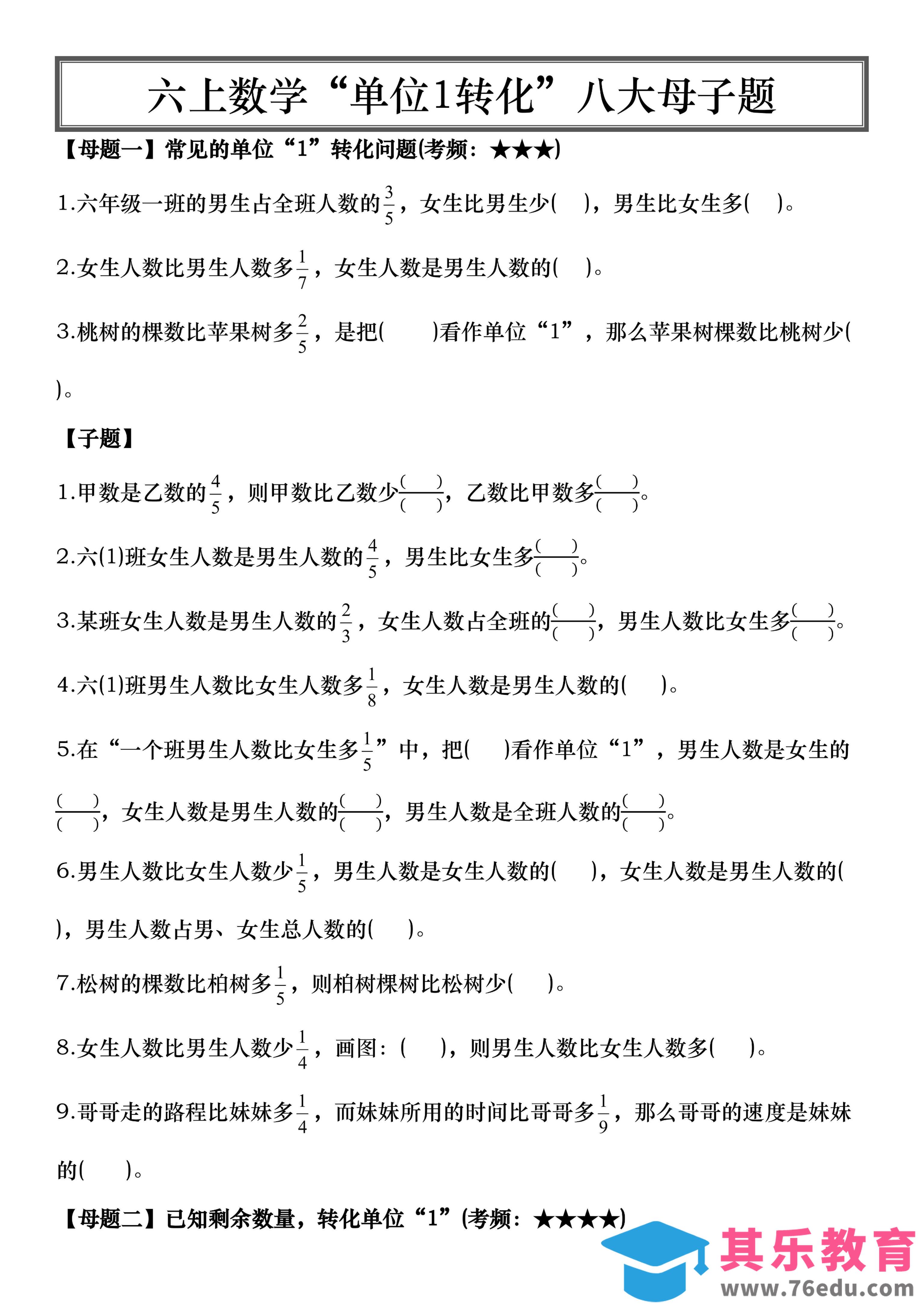 图片[1]-六上数学“单位1转化”八大母子题（空白16页）-985文库