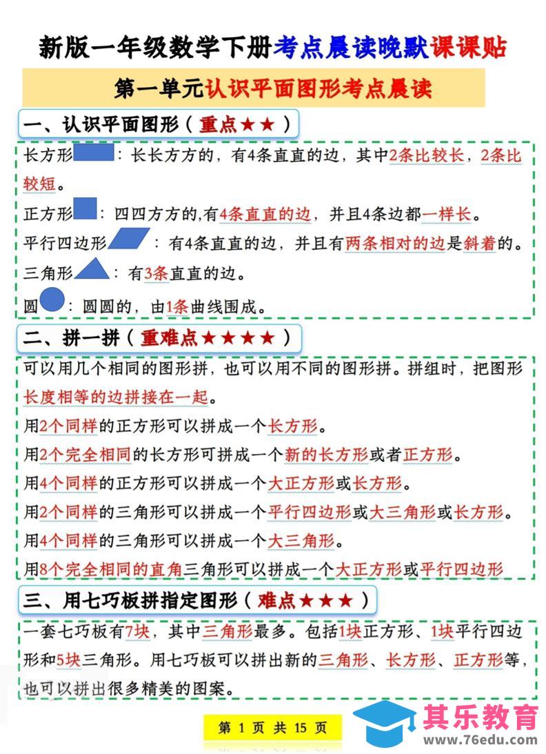 图片[1]-一年级下数学考点晨读晚默课课贴-985文库