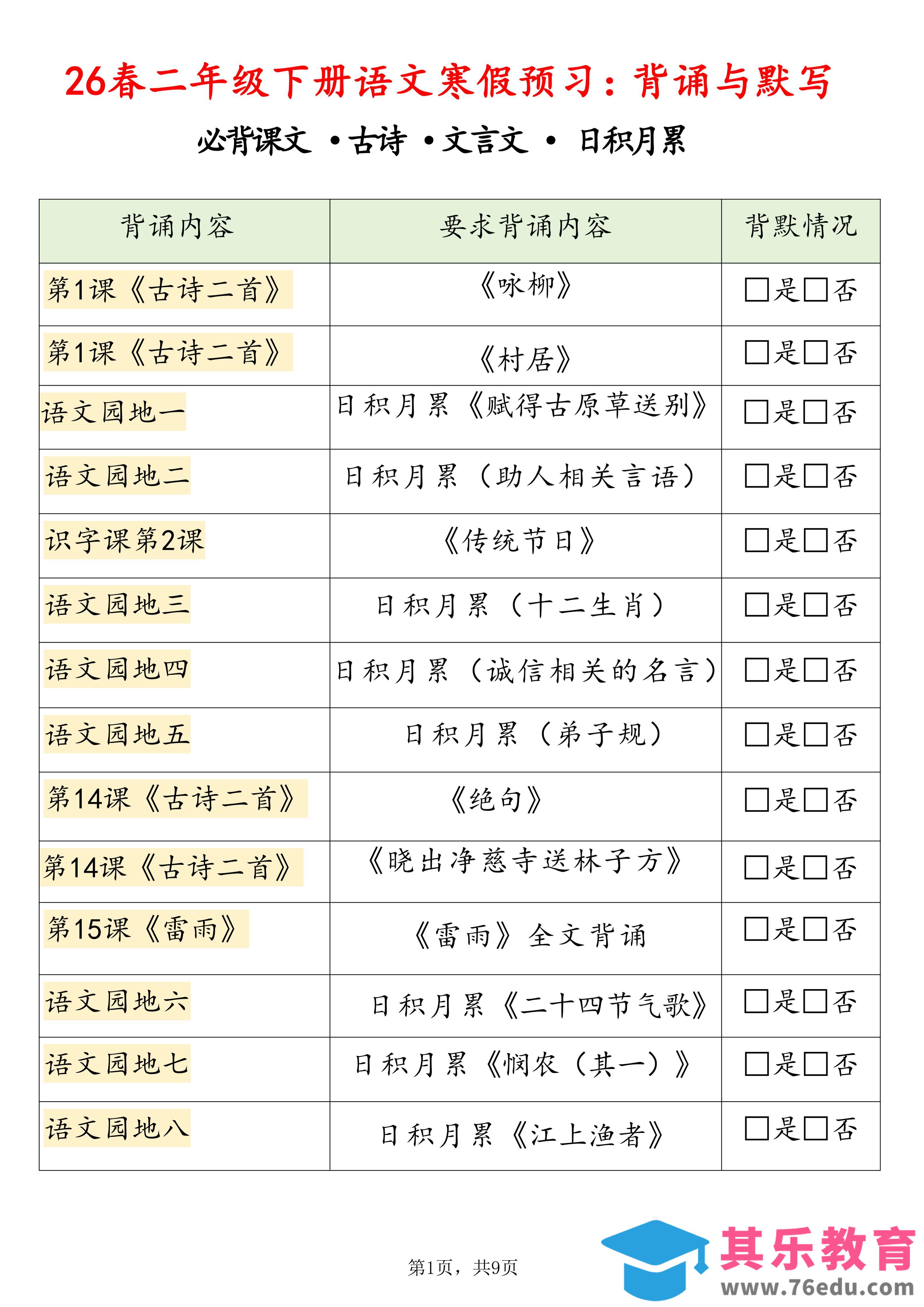图片[1]-26春二下语文寒假预习背诵与默写（必背课文、古诗、文言文、日积月累）9页修订版-985文库