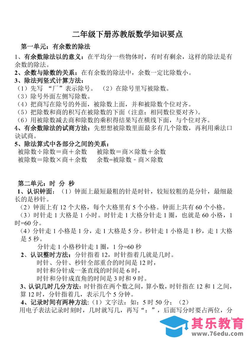 图片[1]-二下苏教版数学知识要点-985文库