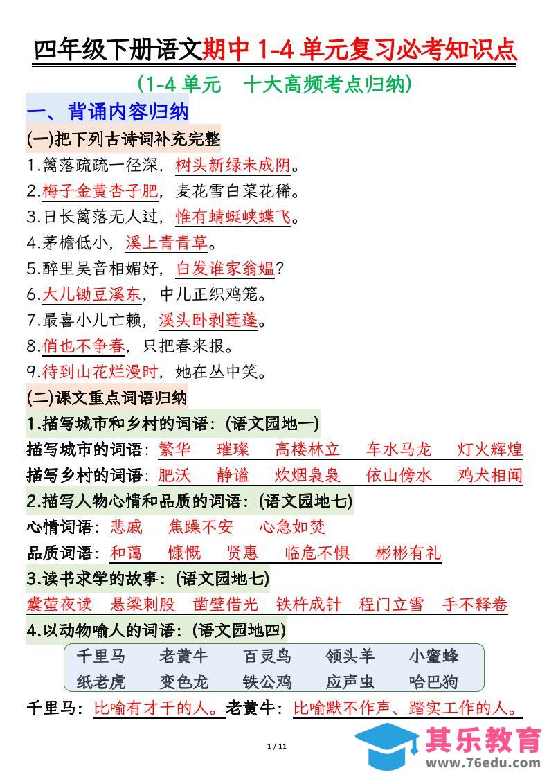 图片[1]-四年级下语文期中1-4单元复习必考知识点-985文库