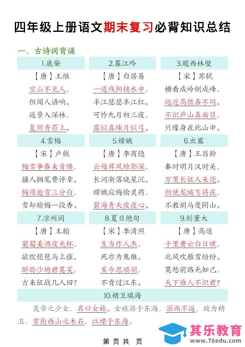 图片[1]-四年级上语文期末复习必背知识总结-985文库