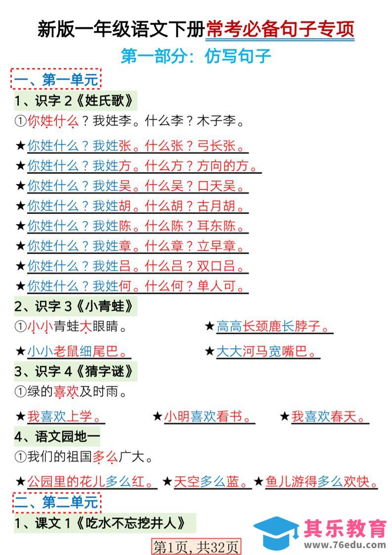 图片[1]-一年级下语文常考必备句子专项练习-985文库