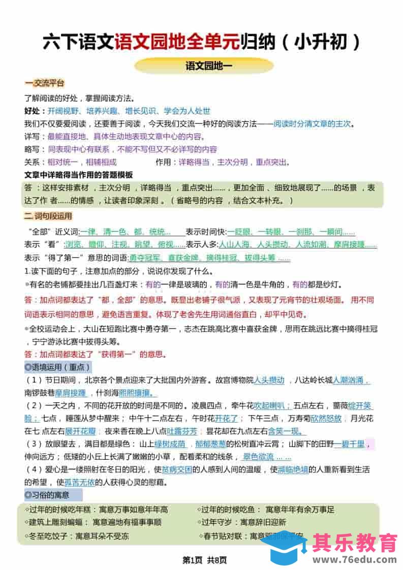 六年级下语文小升初园地全册重点归纳-高考之家