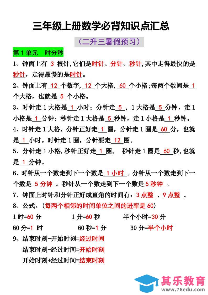 图片[1]-三年级上册数学必背知识点汇总-985文库