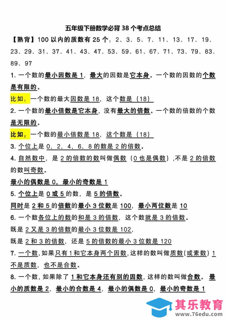 图片[1]-五年级下数学必背38个考点总结-985文库