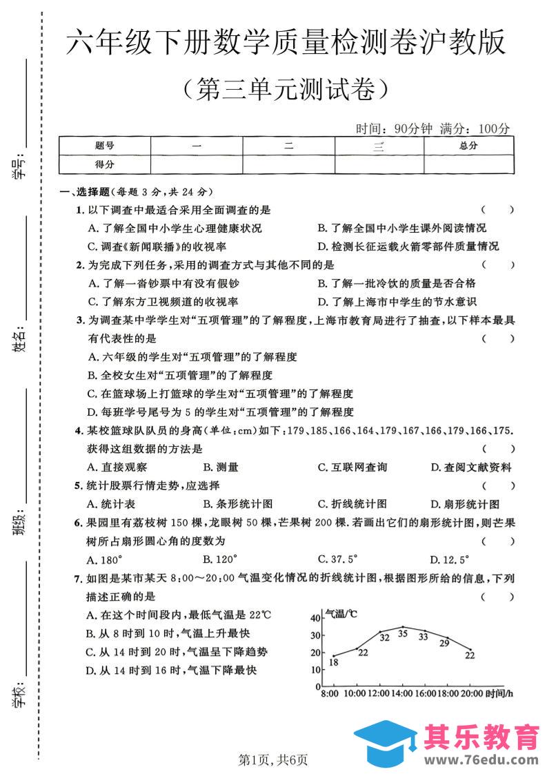 六年级下数学第三单元质量检测卷《沪教版》(2)-高考之家