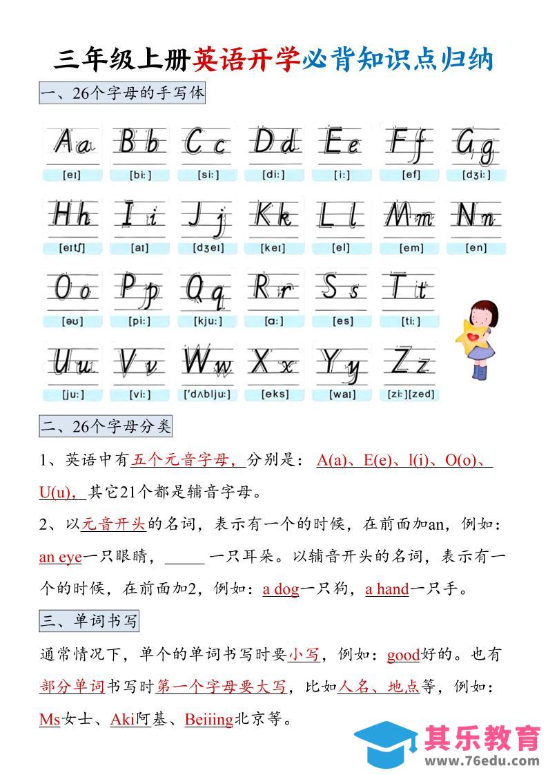 图片[1]-三年级上册英语开学必背知识点归纳-985文库