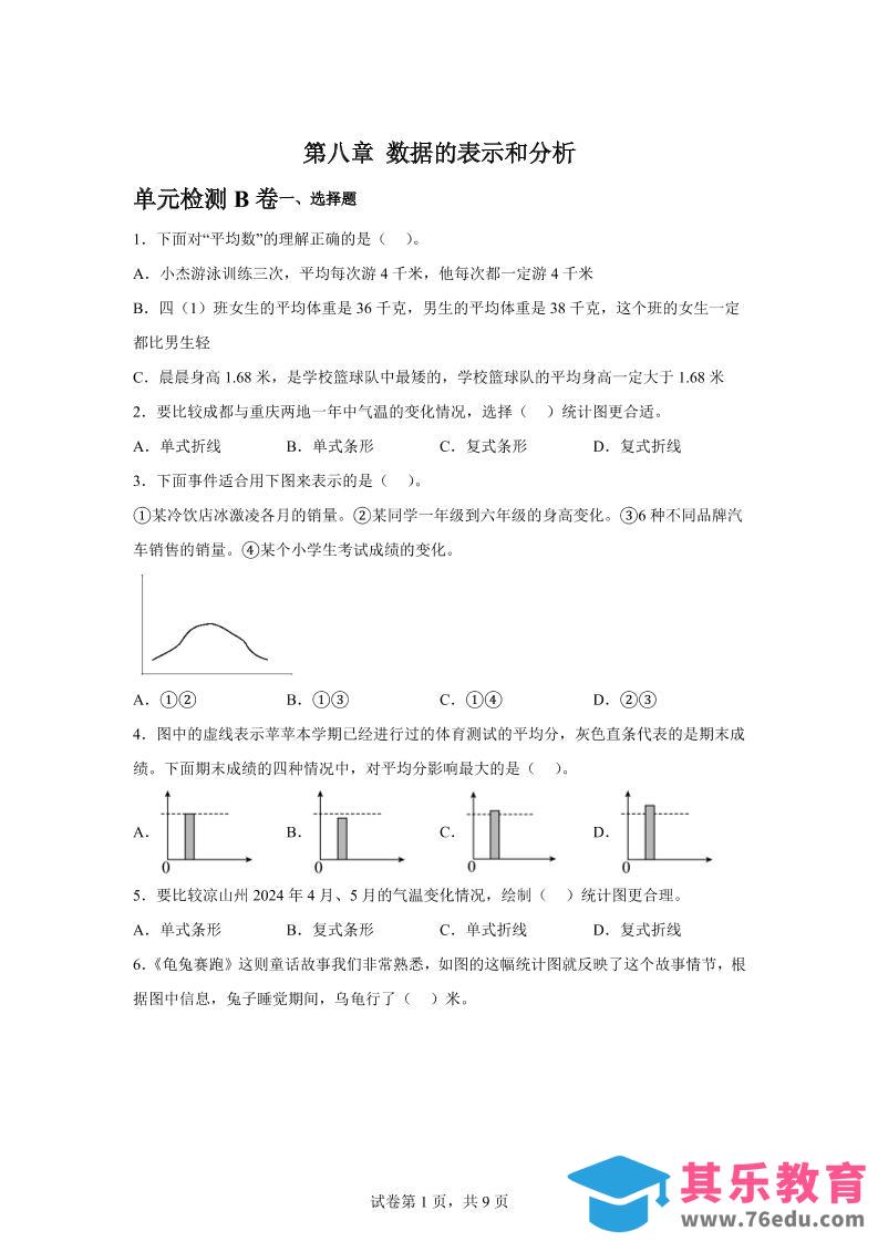 图片[1]-五下数学第八章数据的表示和分析单元检测（B卷）-985文库