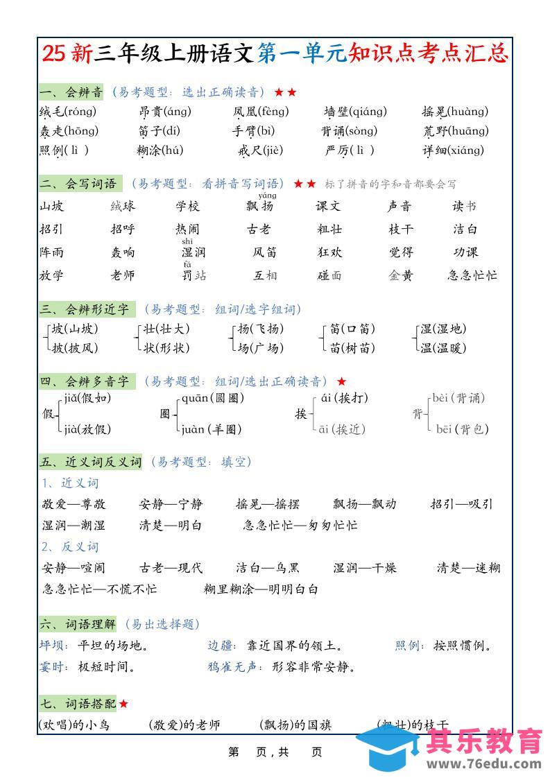 图片[1]-25新三上语文1-8单元知识点考点汇总（24页）-985文库