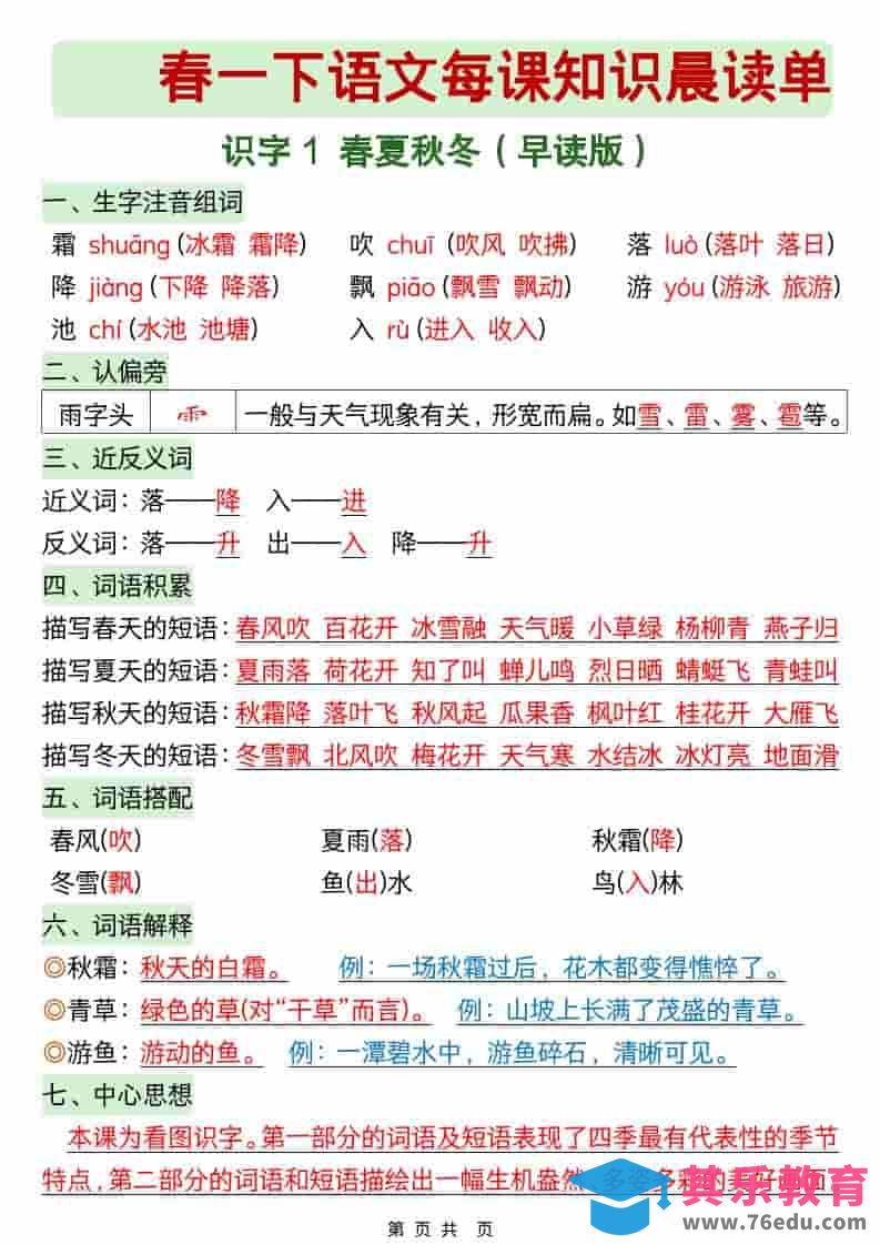 图片[1]-一年级下语文26春每课知识晨读单-985文库