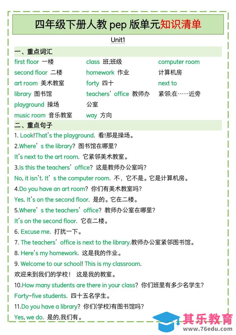 图片[1]-四下英语人教pep版单元知识清单-985文库