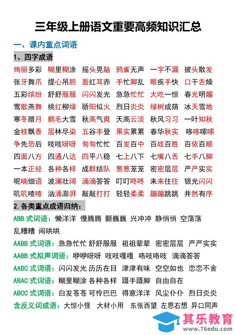 图片[1]-三年级上册语文重要高频知识汇总-985文库