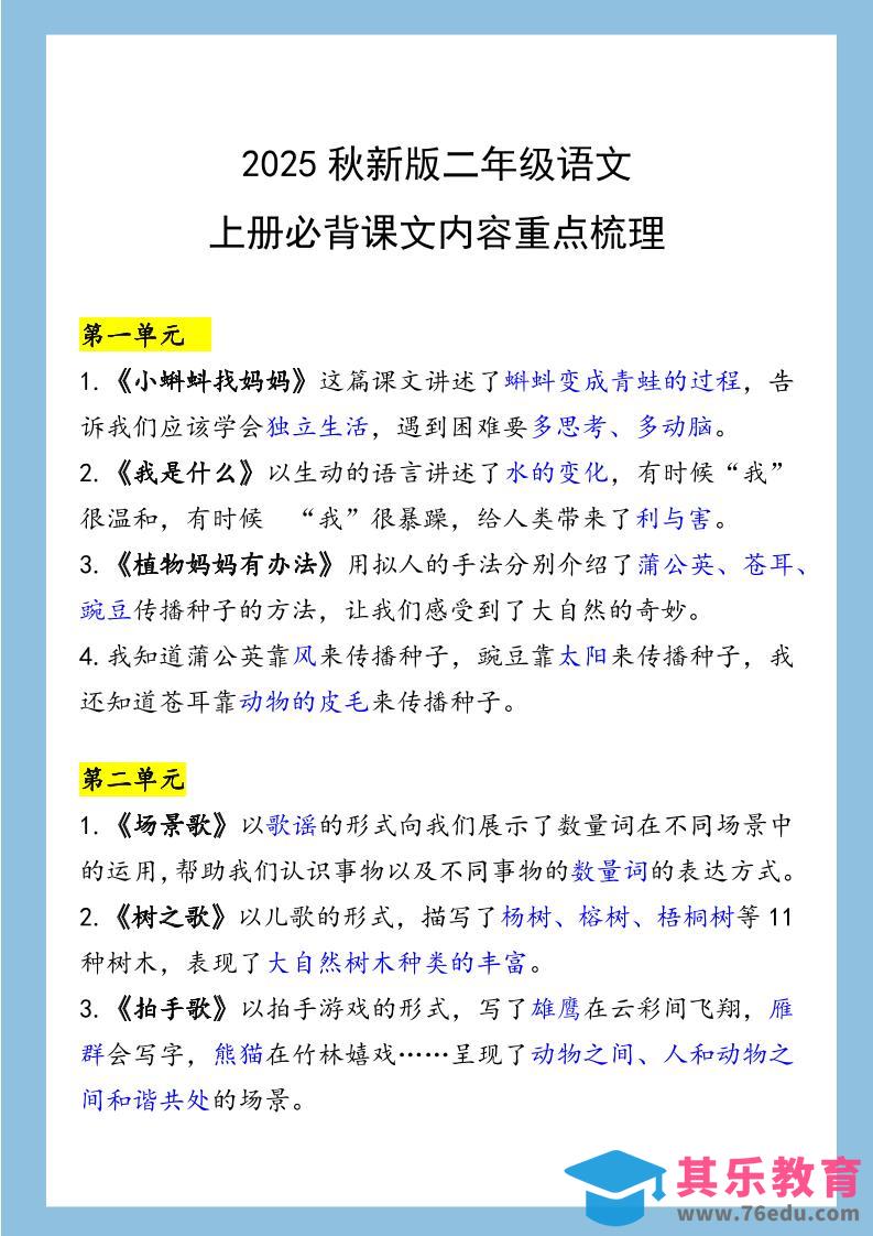 图片[1]-【2025秋新版】二年级语文上册必背课文内容重点梳理-985文库