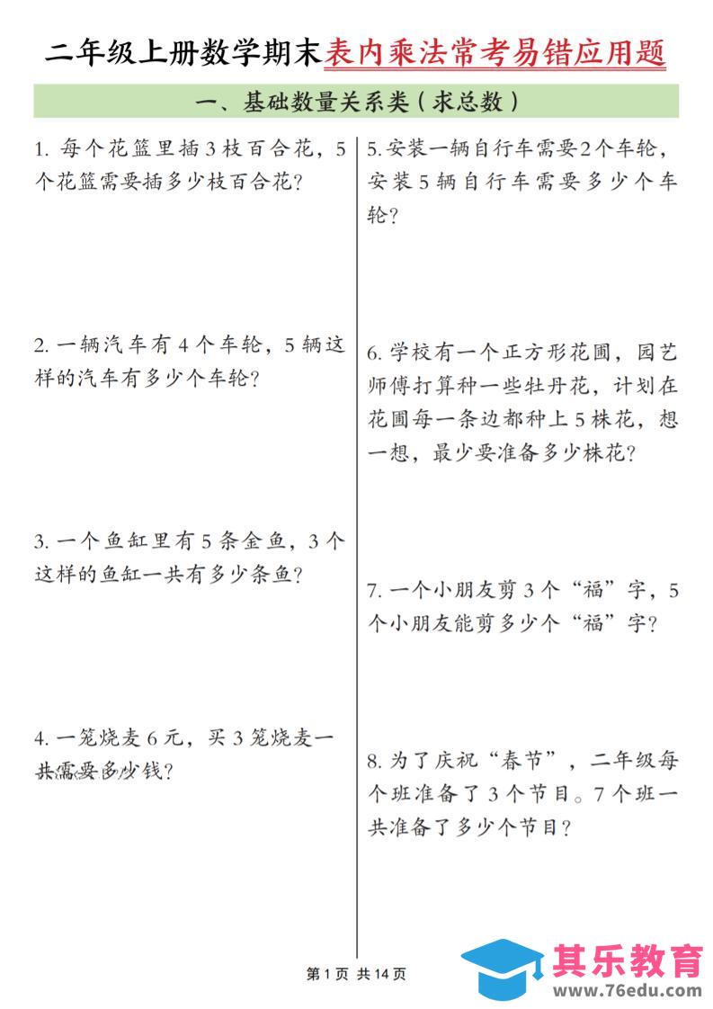 图片[1]-二年级上数学表内乘法常考易错题-985文库