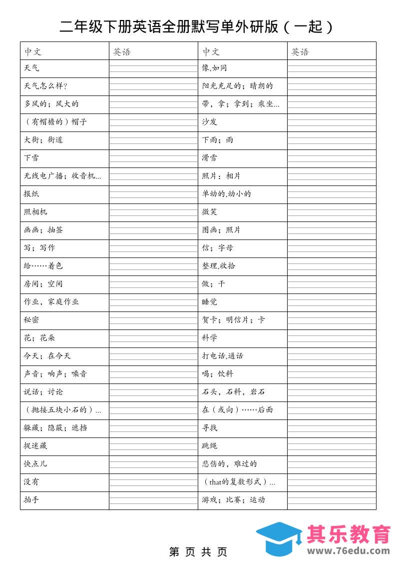 图片[1]-二年级下英语全册默写单（看中写英）《外研版（一起）》-985文库