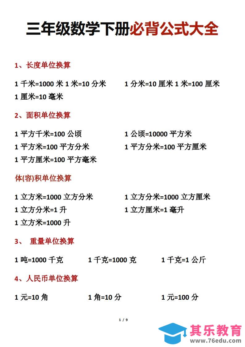 图片[1]-三年级数学下册必背公式大全-985文库