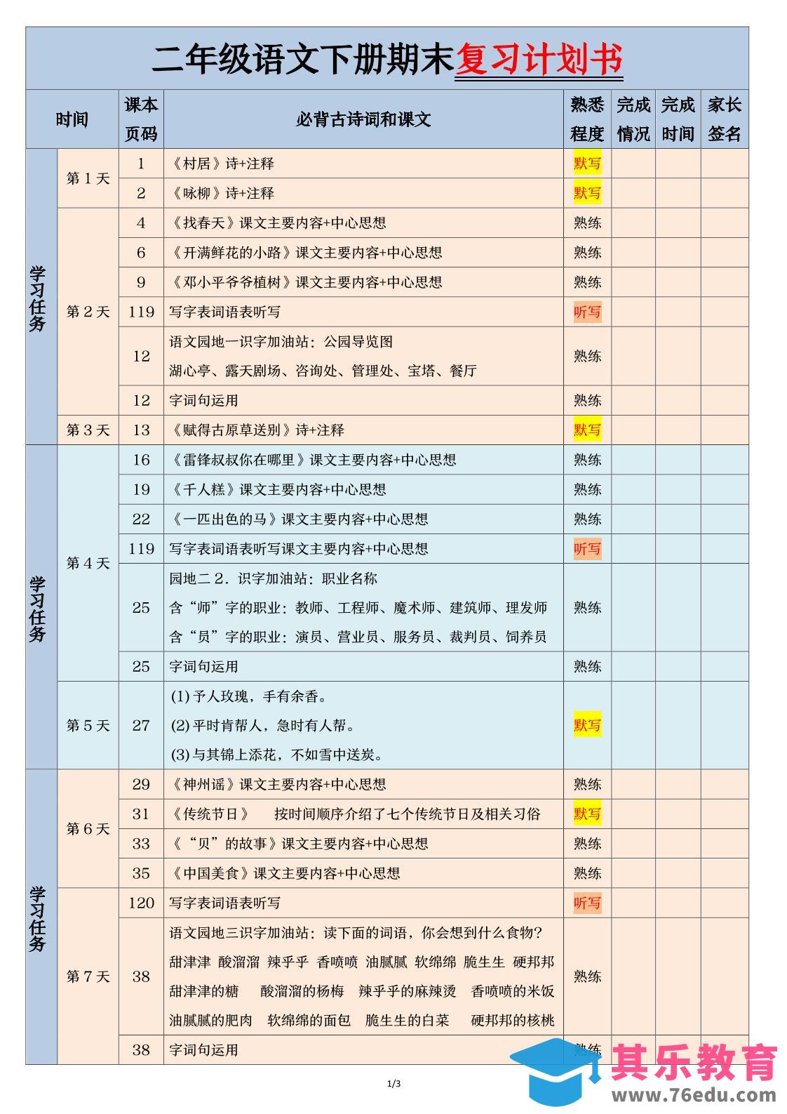 图片[1]-二下语文【期末三轮复习法闯关表】（3页）-985文库