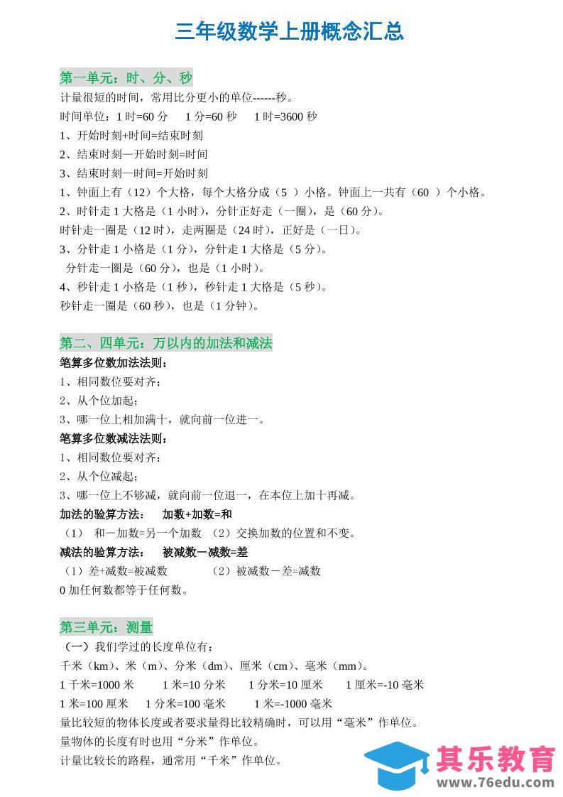 图片[1]-三年级数学上册概念全集-985文库