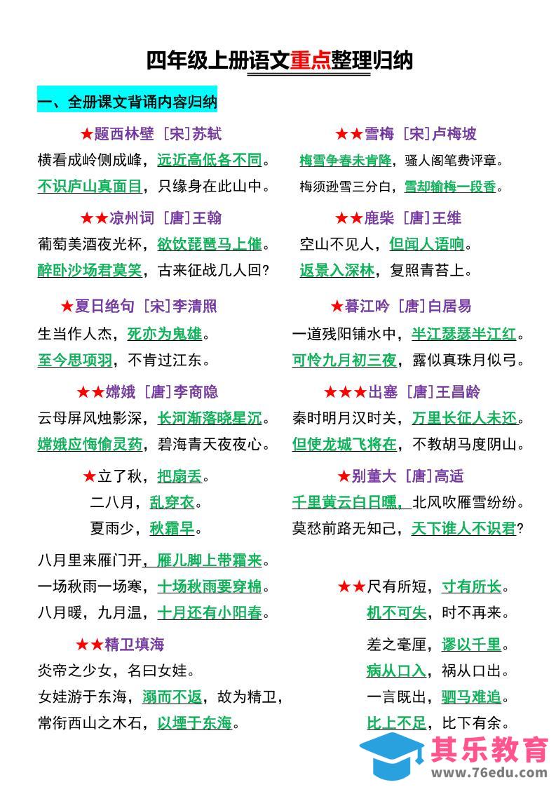 图片[1]-四年级上语文重点整理归纳-985文库