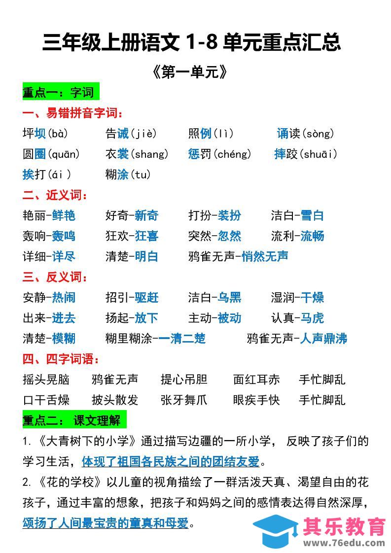 图片[1]-三年级上册语文1-8单元重点汇总-985文库