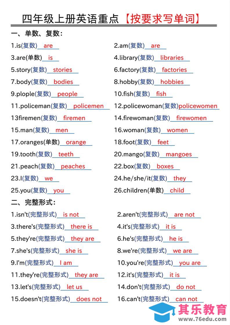 图片[1]-四年级上人教PEP版英语重点按要求写单词（答案）-985文库