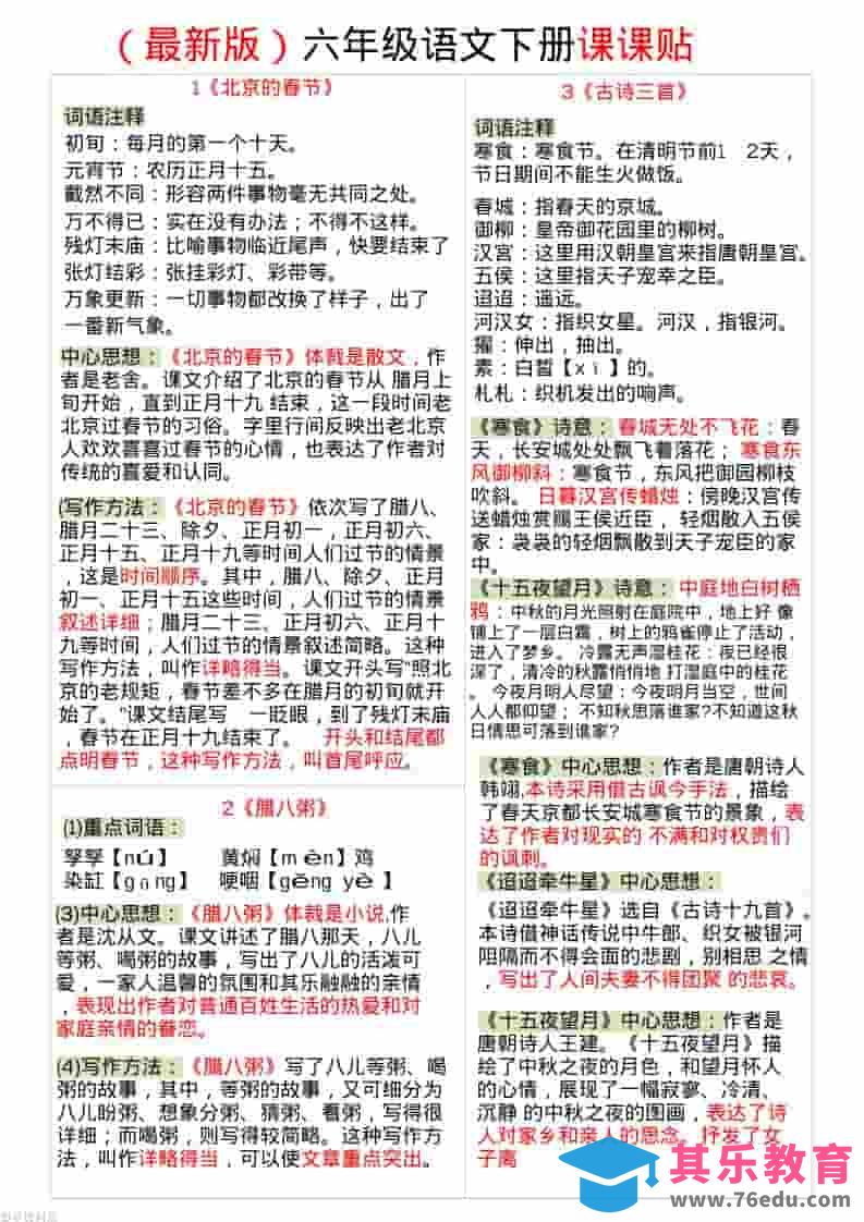 六年级下语文全册最新课课贴-高考之家