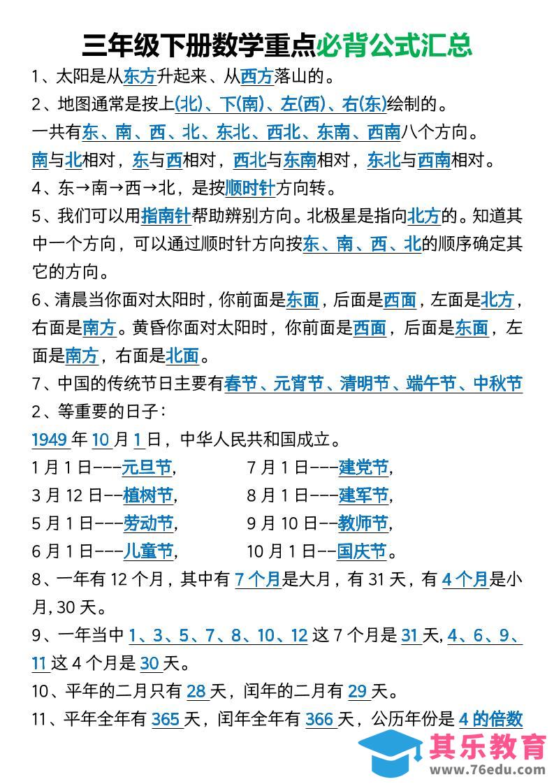 图片[1]-三年级下册数学重点必背公式汇总1-985文库