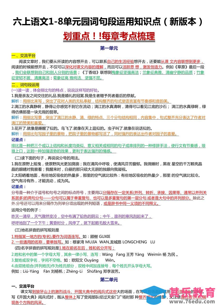 图片[1]-六上语文1-8单元园词句段运用知识点（新版本）docx-985文库