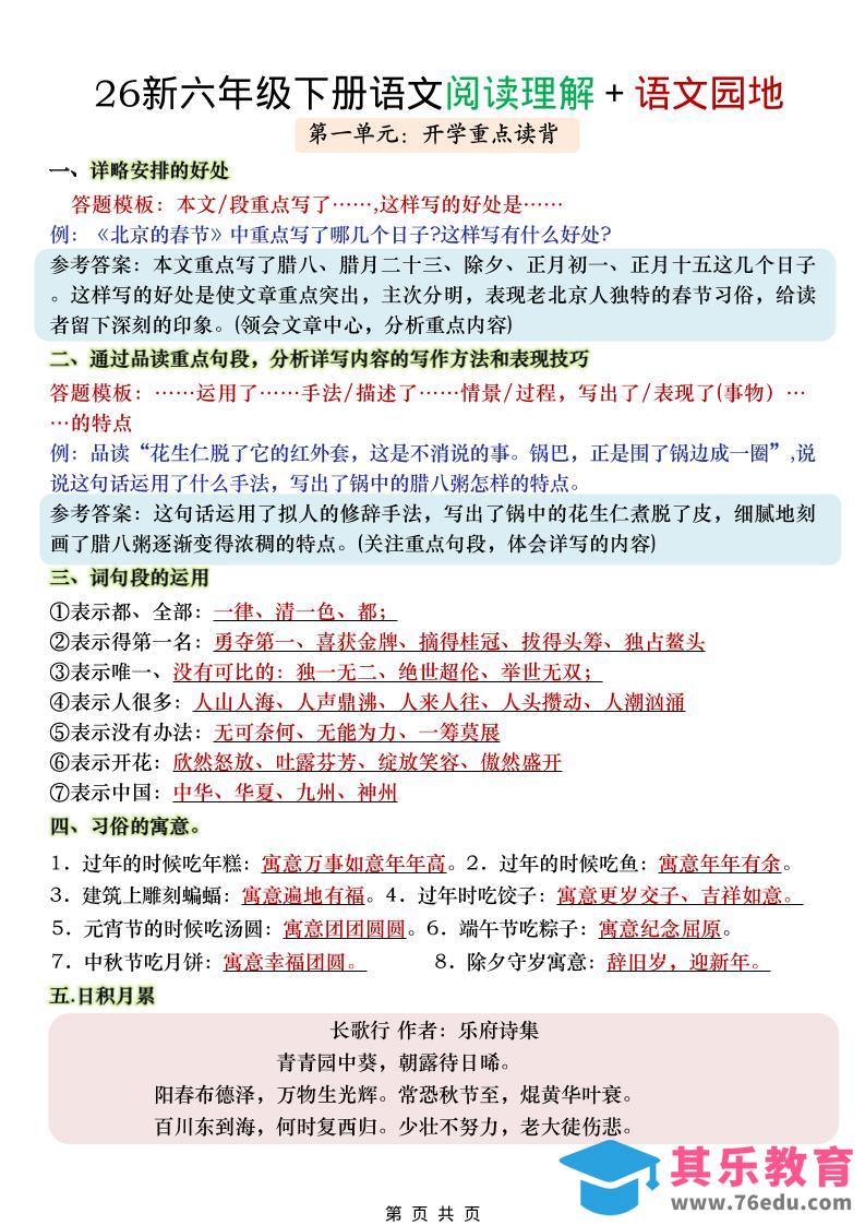 六年级下语文阅读理解＋语文园地-高考之家
