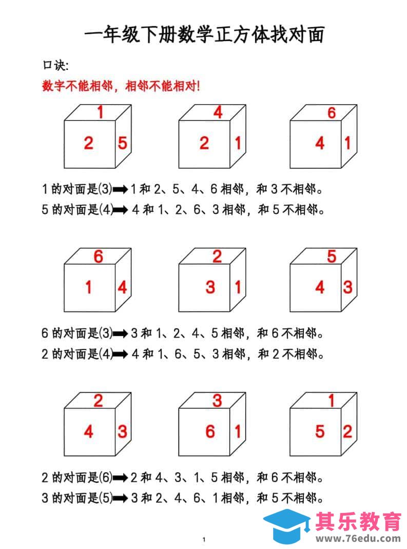 图片[1]-一年级下数学正方体找对面专项练2-985文库