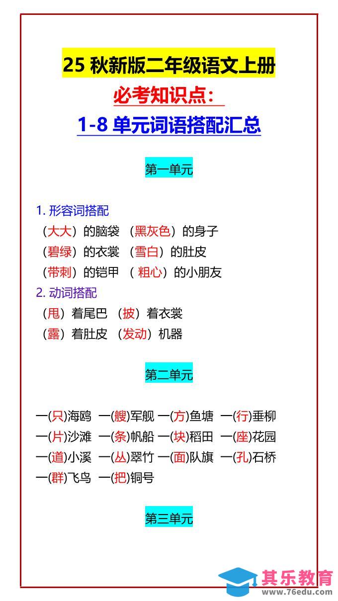 图片[1]-【2025秋新版】二年级语文上册必考知识点：1-8单元词语搭配汇总-985文库