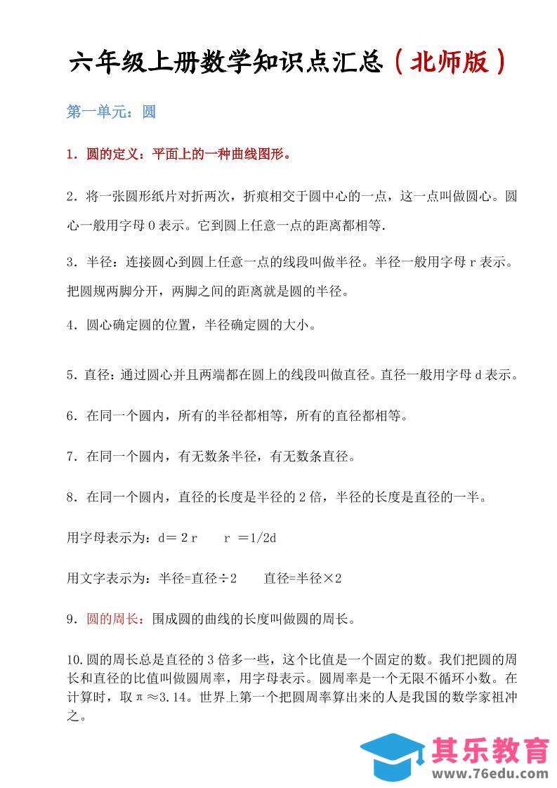 图片[1]-六年级上北师版数学知识点汇总-985文库