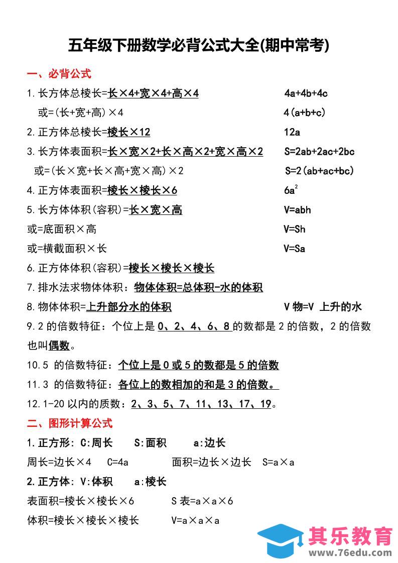 图片[1]-五年级下册数学必背公式大全(期中常考)-985文库