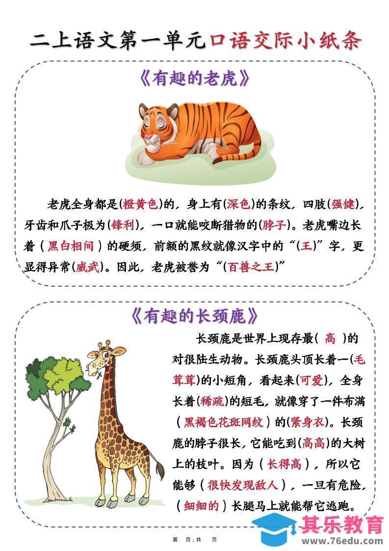 图片[1]-新二上语文第一单元《有趣的动物》口语交际小纸条（含空白14页）-985文库