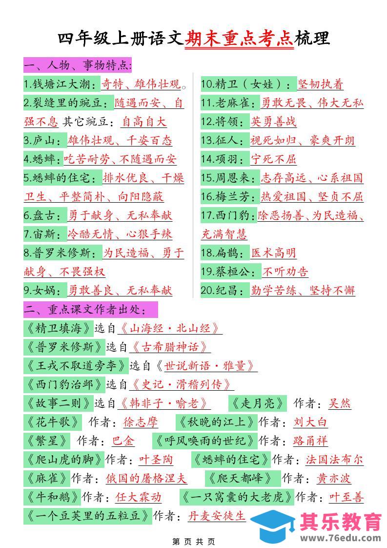 图片[1]-四年级上语文期末重点考点梳理-985文库