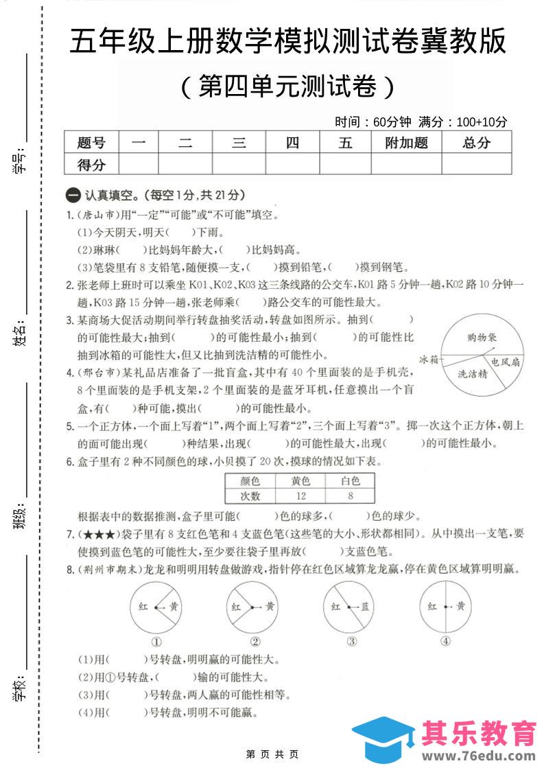图片[1]-五年级上数学第四单元测试卷《冀教版》-985文库
