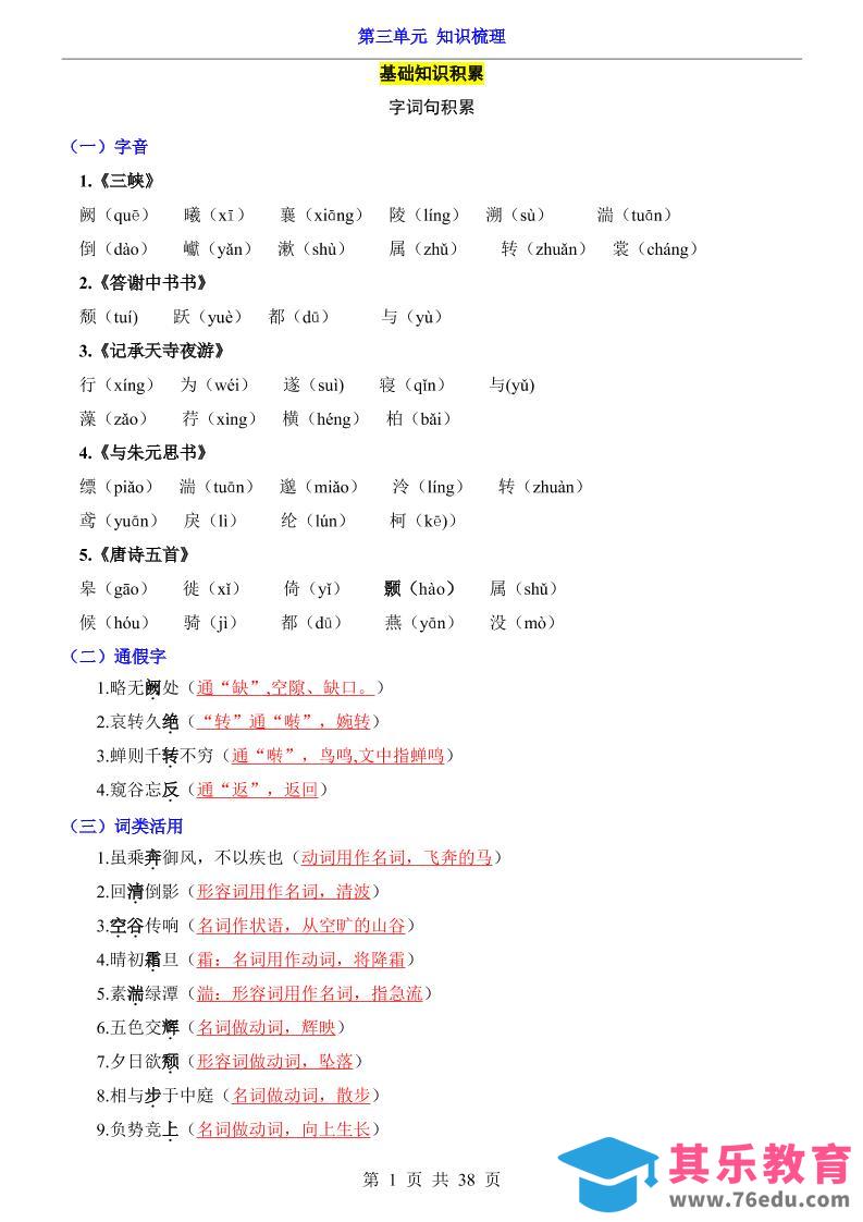 图片[1]-八年级上语文第3单元（知识梳理）-知识点-985文库