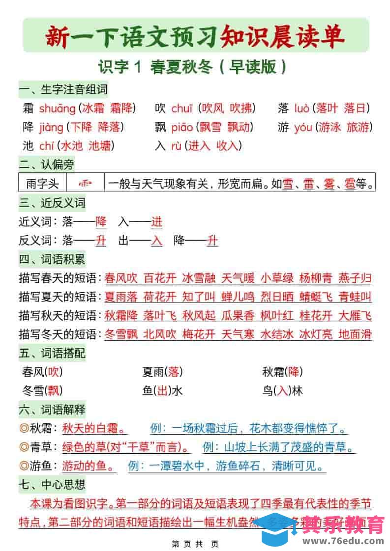 图片[1]-一年级下语文26春预习知识晨读单-985文库
