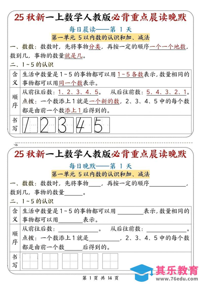 图片[1]-25秋新一上数学必背重点晨读晚默（人教版14页）-985文库