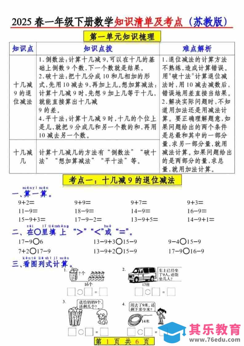 图片[1]-一年级下数学知识清单及考点《苏教版》（衔接版）-985文库