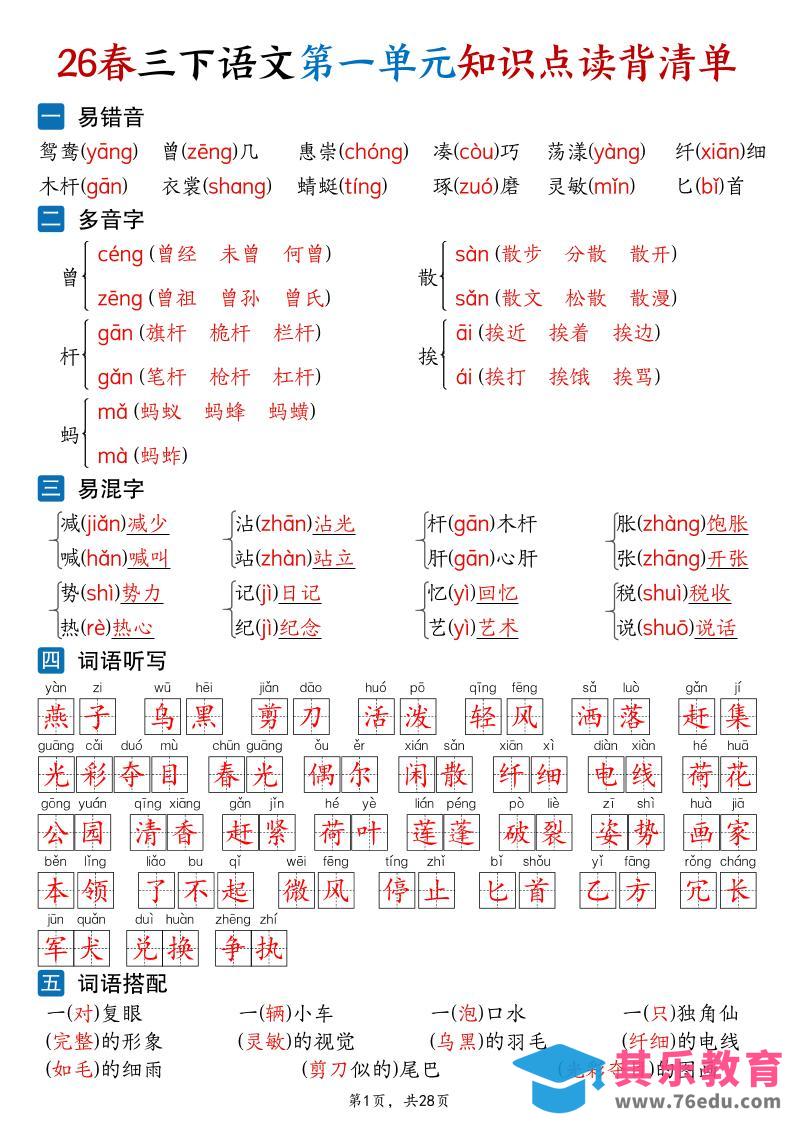 图片[1]-26新三年级下语文1-8单元知识点读背清单（28页）-985文库
