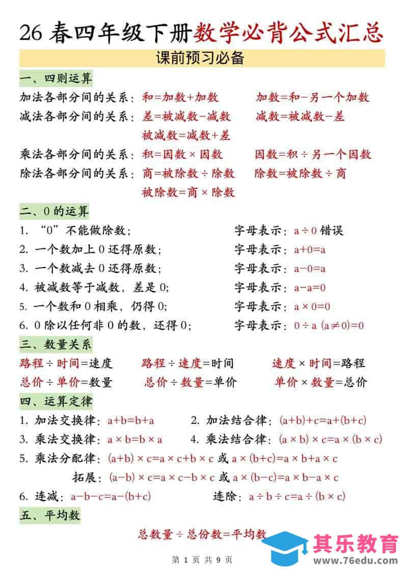 图片[1]-四年级下数学26春必背公式汇总-985文库