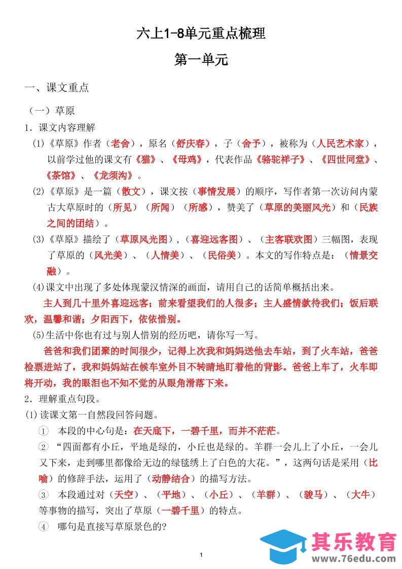 图片[1]-六上1-8单元重点梳理（课文重点+语文园地）-985文库