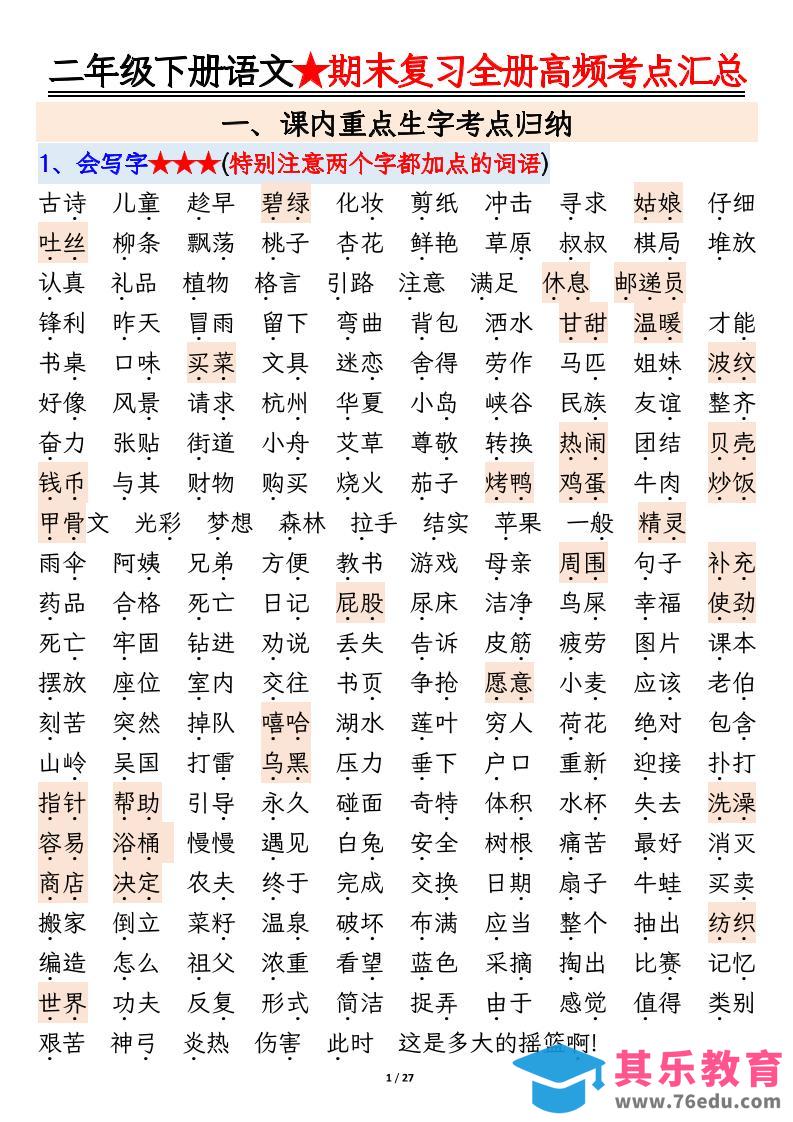 图片[1]-【期末复习全册高频考点必考知识点汇总（27页）】二下语文-985文库