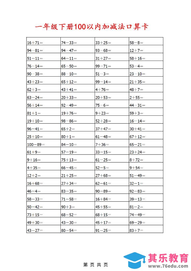 图片[1]-一年级下数学100以内加减法口算卡800道-985文库
