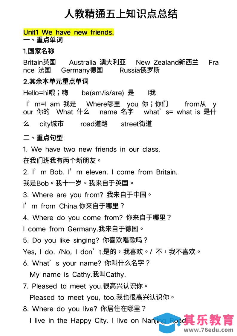 图片[1]-人教精通五上英语知识点总结-985文库