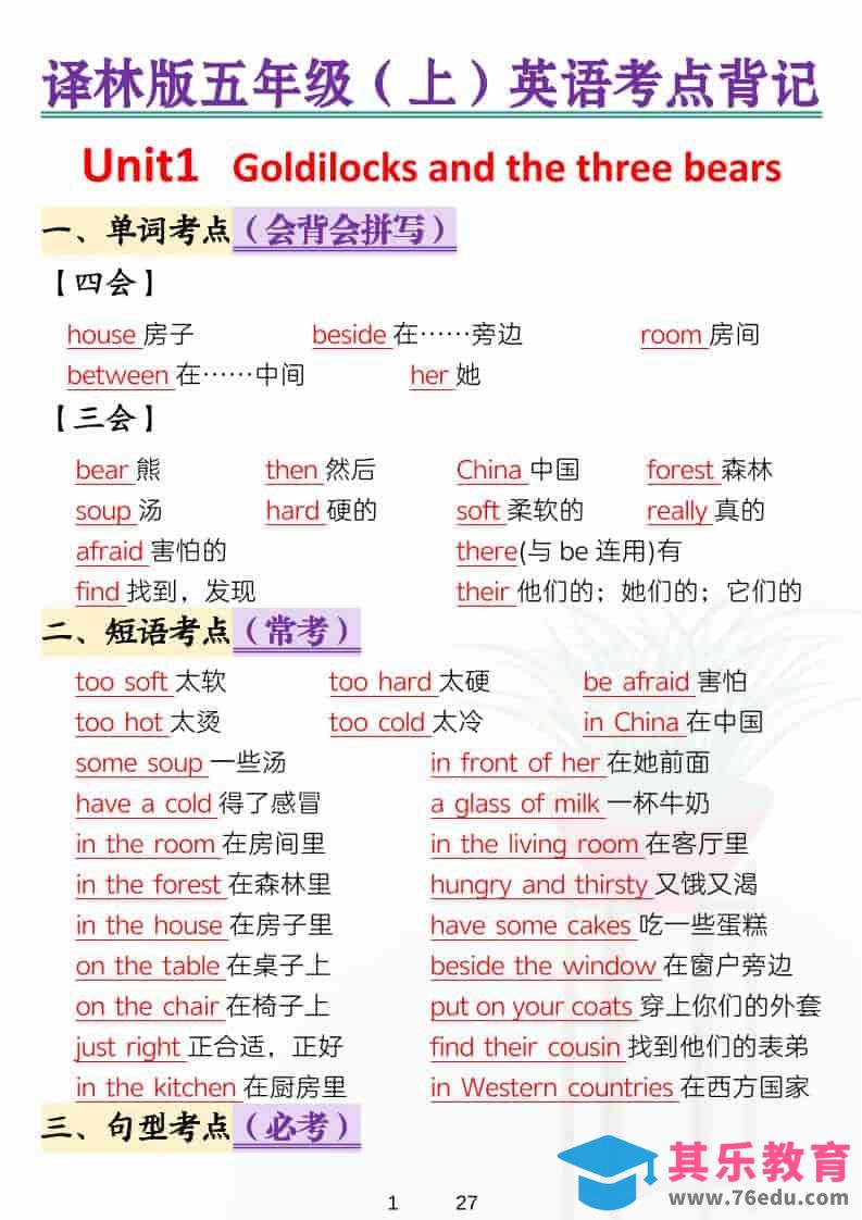 图片[1]-五年级上英语考点背记《译林版》-985文库