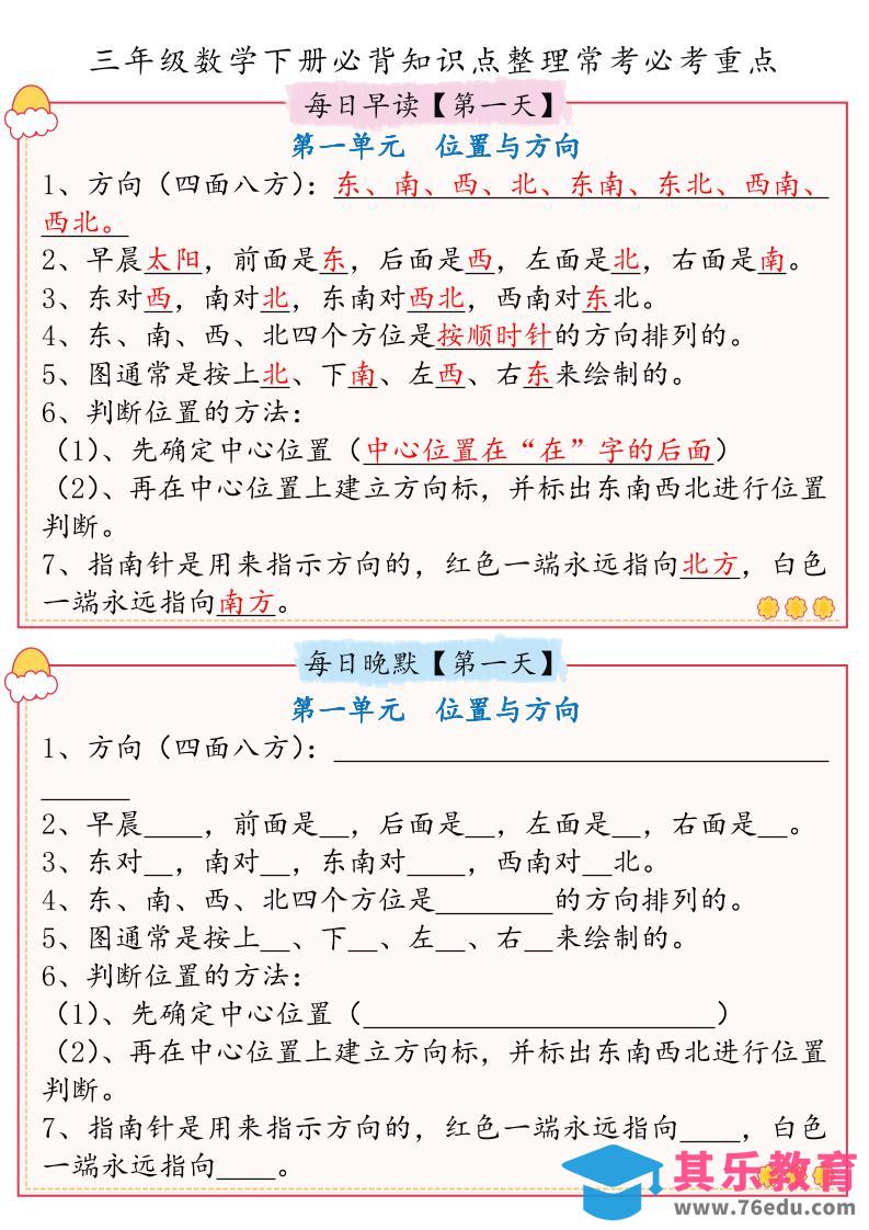 图片[1]-三年级数学下册必背知识点整理人教版(早读晚默)-985文库